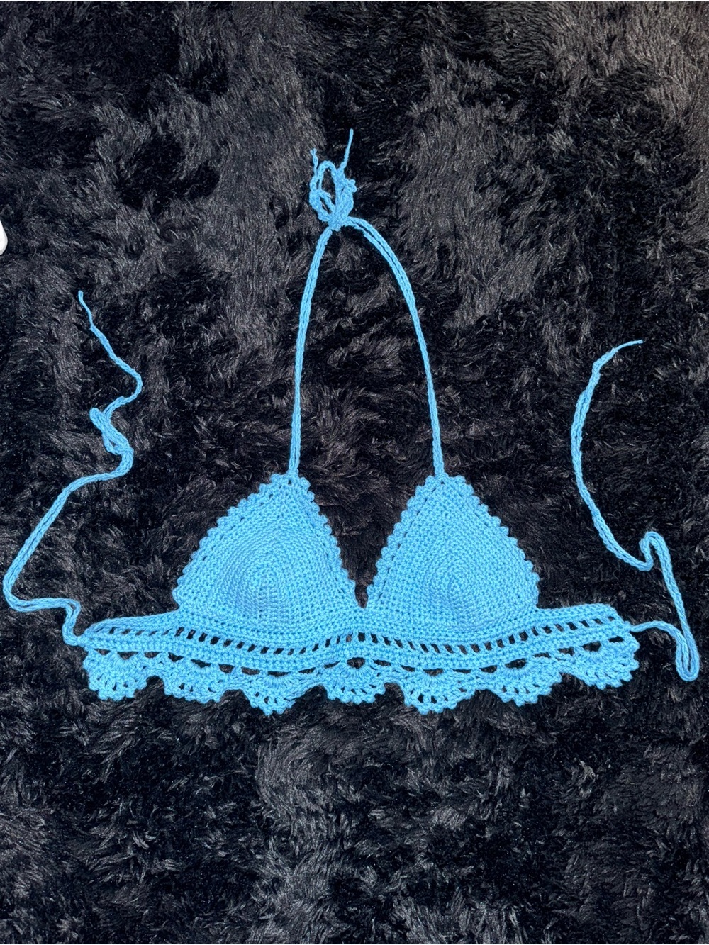 Blue Crochet Triangle Crop Top with Tie Strings